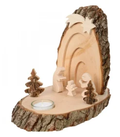 Petite Crèche De Noël En Ecorce De Bois Avec Sapins Et Bougeoir