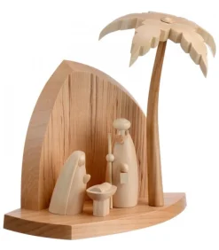Petite Crèche Moderne En Bois Avec Un Palmier Et La Nativite