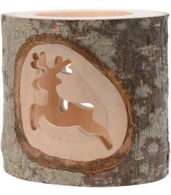 Photophore En Bois Avec 2 Motifs En Bois Cisele, Renne