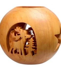 Photophore En Bois Forme Spherique, Motif Cerf En Foret
