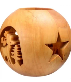 Photophore En Bois Forme Spherique, Motif Cerf En Foret
