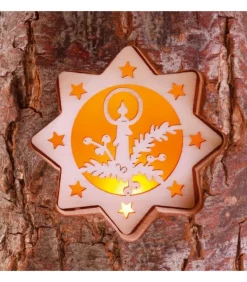 Photophore En Rondin De Bois, 2 Motifs Crèche Et Bougie