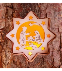 Photophore En Rondin De Bois, 2 Motifs Crèche Et Bougie