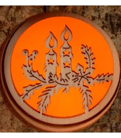 Photophore Rondin De Bois, Avec 3 Motifs Crèche, Père Noël Et Bougies