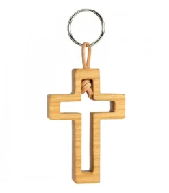 Porte Clef En Bois De Cerisier Avec Croix Découpee, 5 Cm