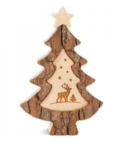 Sapin De Noël En Bois Avec Gravure Cerf, 15 Cm