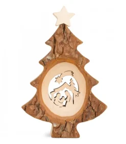 Sapin De Noël En Bois Avec Crèche Ciselee, 12 Cm
