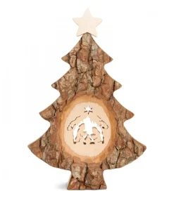 Sapin Noël En Bois Avec Crèche De Noël Ciselee, 18 Cm