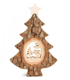 Sapin Noël En Bois Avec Elan Cisele, 18 Cm