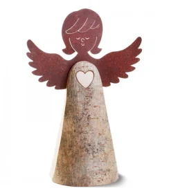 Statuette Ange En Bois Avec Coeur Et Ailes Metal, 26 Cm